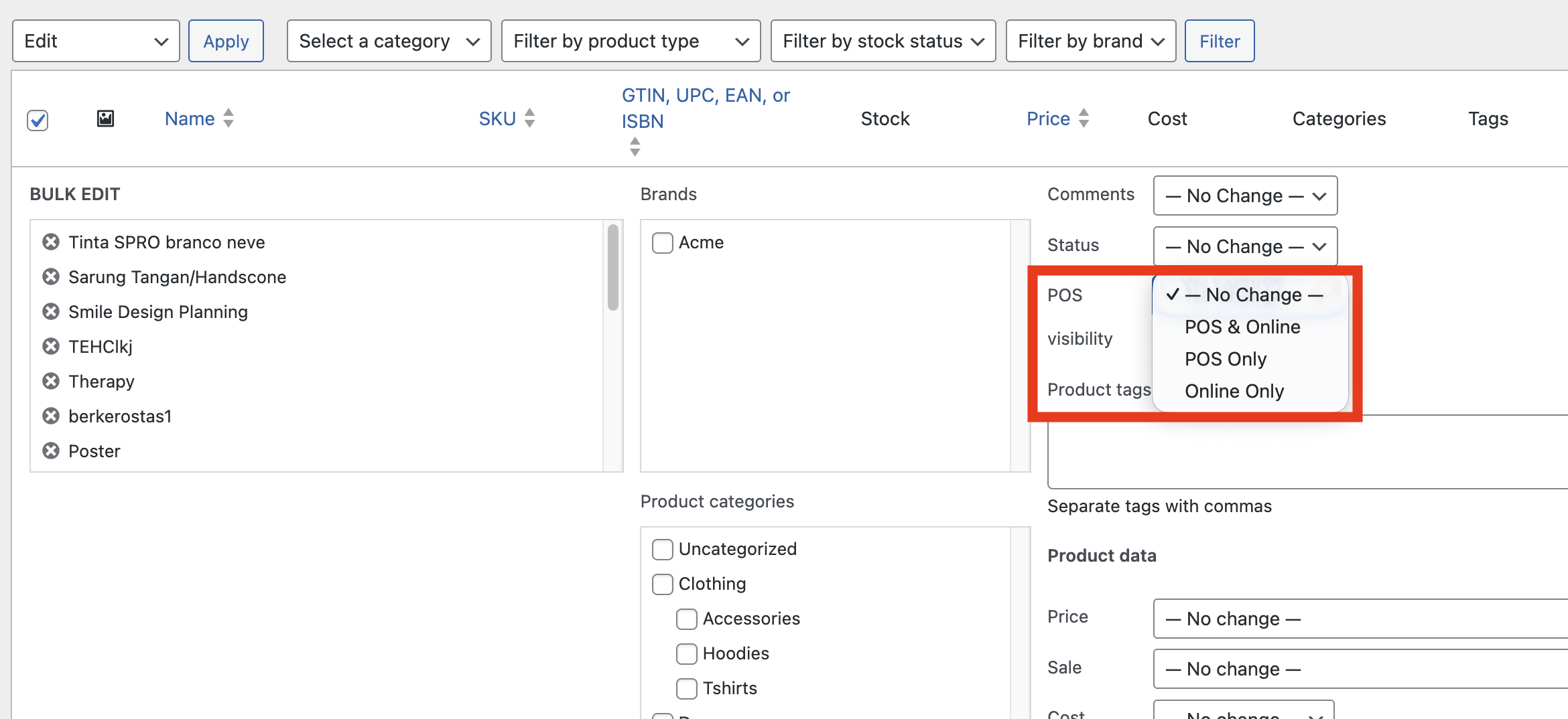 Bulk editing POS visibility for multiple products